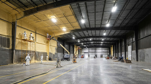 Commercial warehouse interior being insulated with spray foam along the ceiling and walls