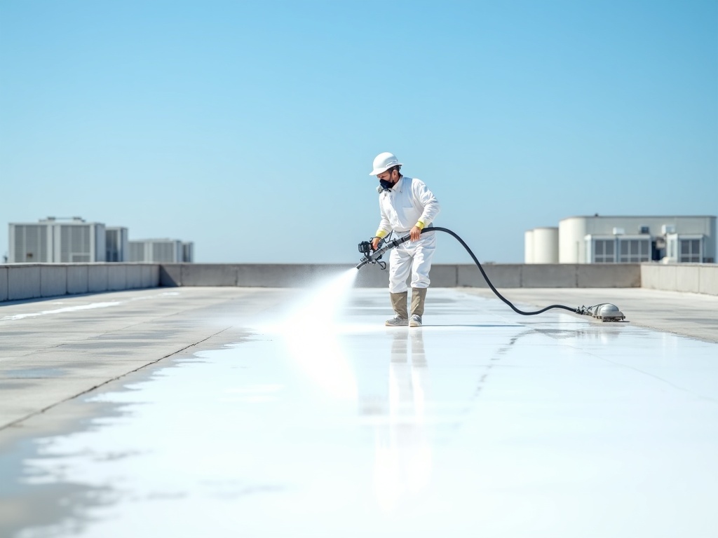 Roofer spray-applying bright white silicone roof coating on a commercial flat roof