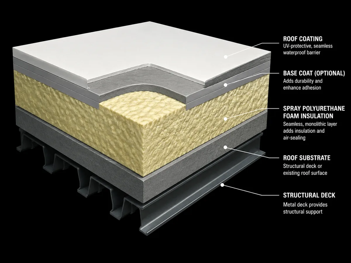 Labeled cross-section diagram of a spray polyurethane foam roof system: structural deck, substrate, SPF insulation layer, base coat, and UV-protective roof coating